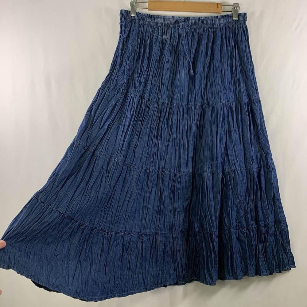 Boho Crinkle Tiered Beaded Midi Skirt Size 14 Blue Festival Peasant Broomstick
